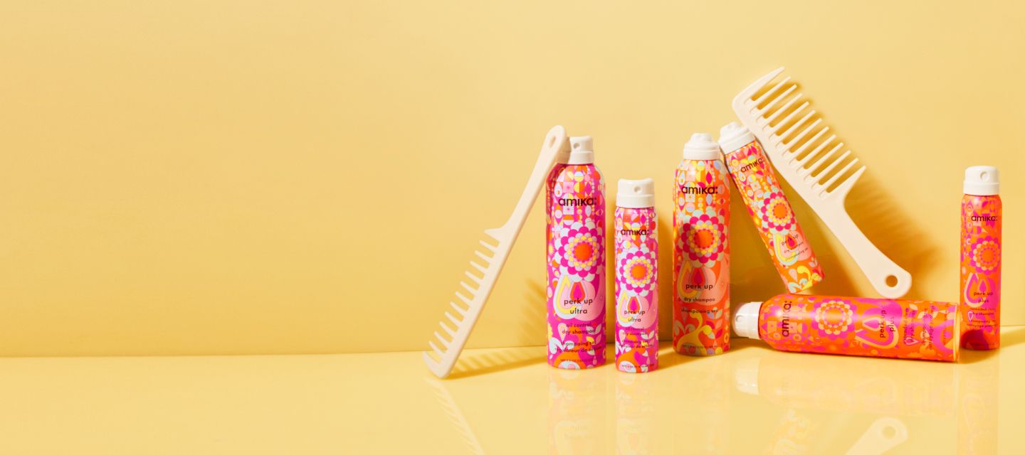 Image of 3 sets of perk up (5.3 oz and 1.8 oz), perk up plus (5.3 oz and 1.8 oz), perk up ultra (5.3 oz and 1.8 oz) with 2 beige combs.