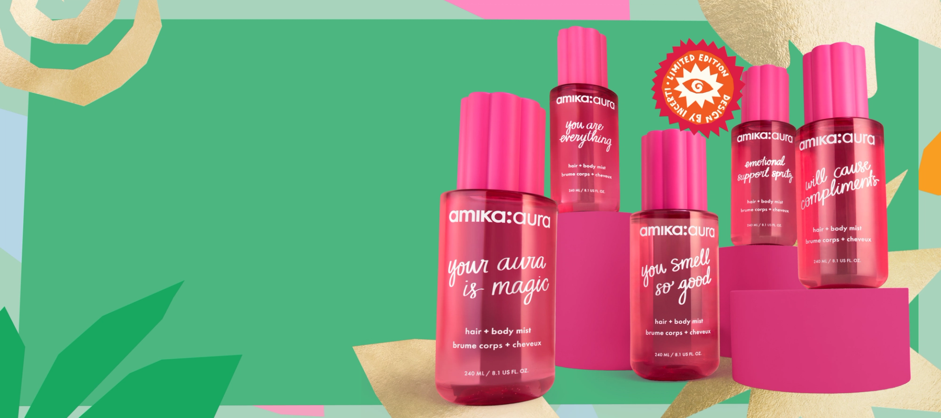 five amika:aura bottles arranged on pink pedestals against a green background with flowers and abstract shapes around the border