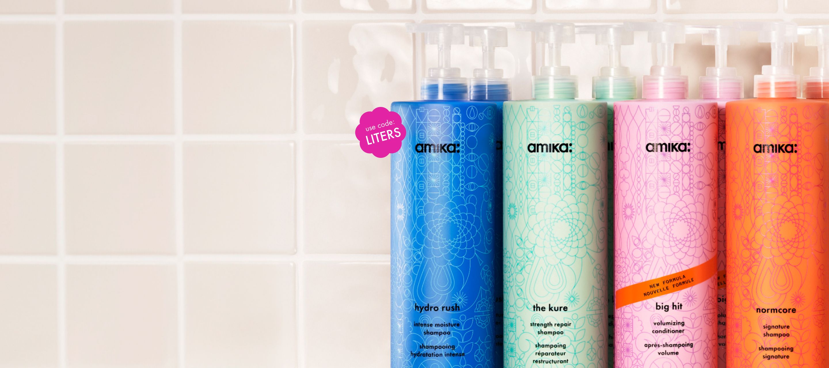 liter-sized bottles of amika shampoos + conditioners