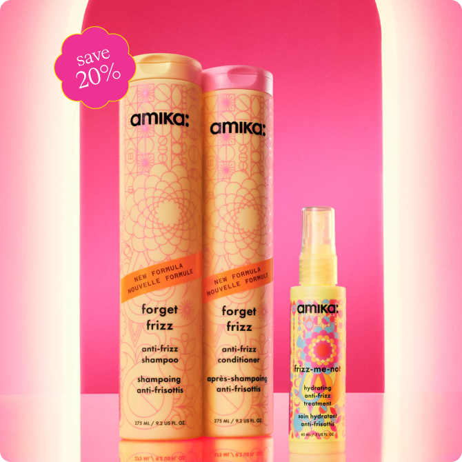 Image of the frizz fighters set. set includes: forget frizz anti-frizz shampoo (275 ml / 9.2 oz), forget frizz anti-frizz conditioner (275 ml / 9.2 oz), and frizz-me-not hydrating anti-frizz treatment (60 ml / 2 fl).