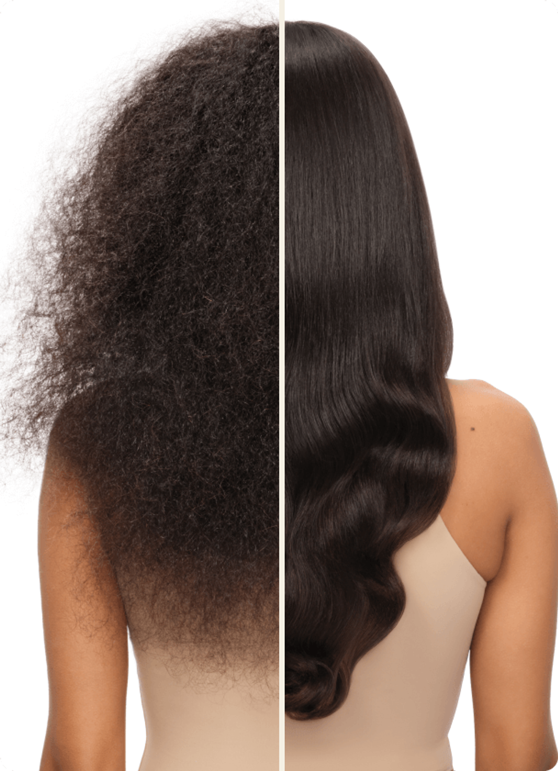 A before and after image of a model's hair. The image on the left shows a model's hair before using the NEW frizz routine, and the image on the right is after using the new routine.