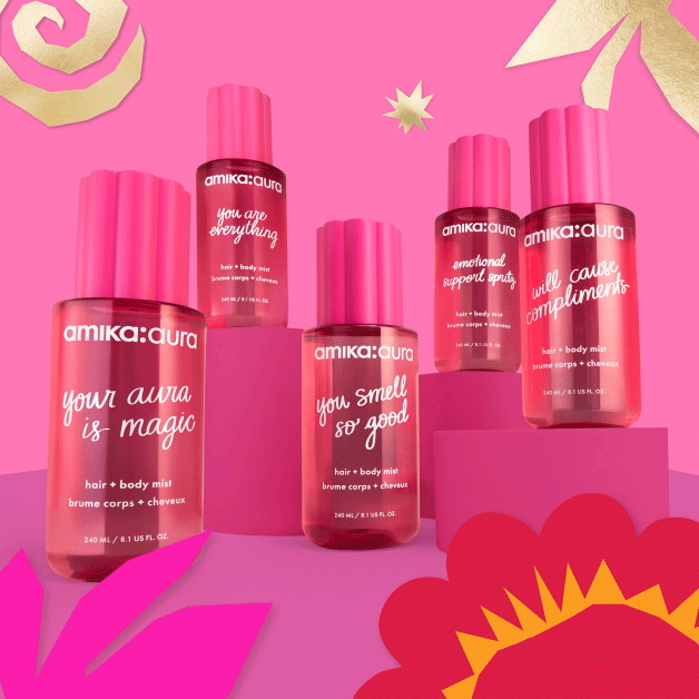 a gif of five amika:aura bottles arranged on pink pedestals with flowers and abstract shapes moving around the border