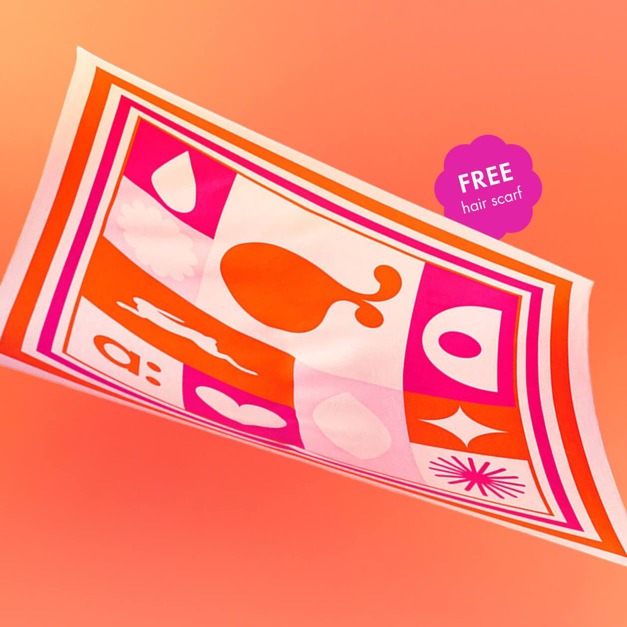 a patterned scarf floats against an orange background