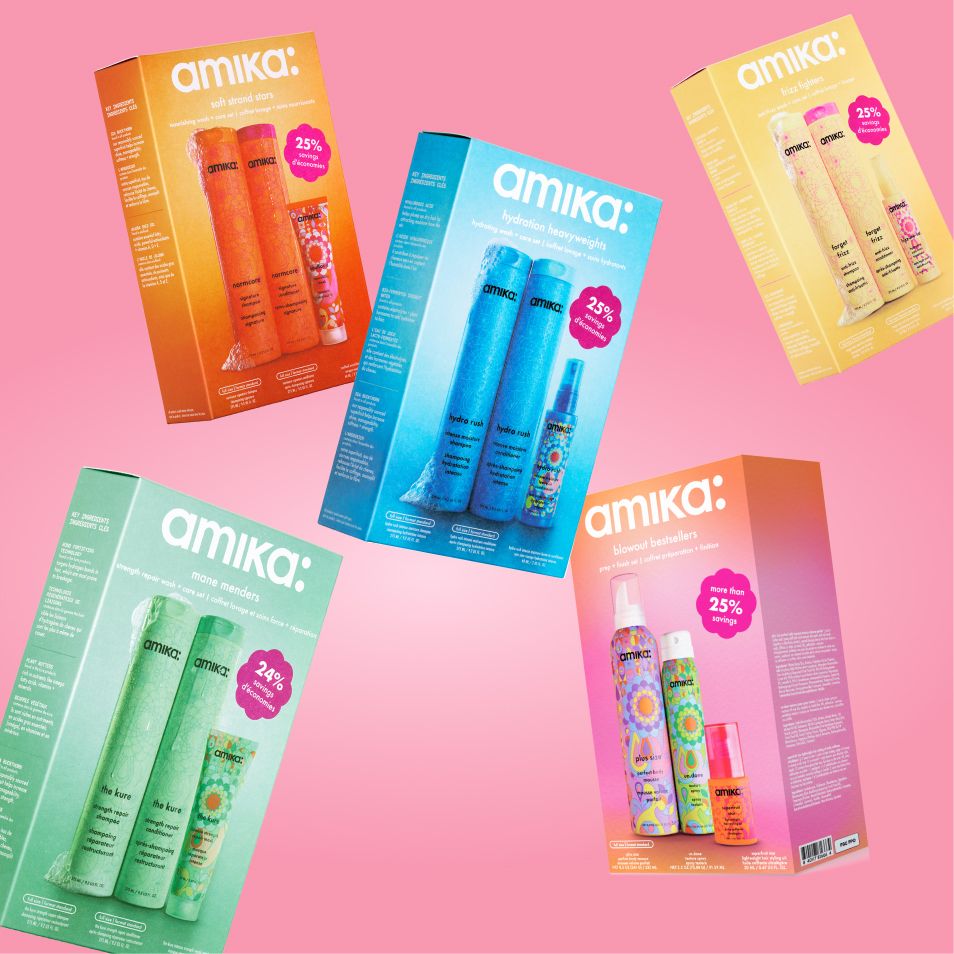 amika value sets floating against a pink gradient background