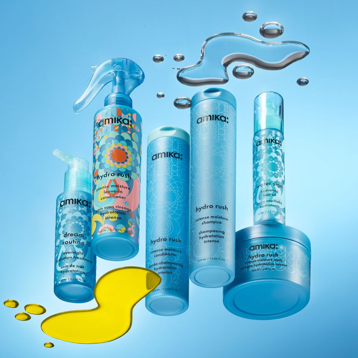 amika hydration collection on a blue background featuring dream routine, hydro rush leave-in, hydro rush shampoo and conditioner, hydro rush mask and water sign hair oil