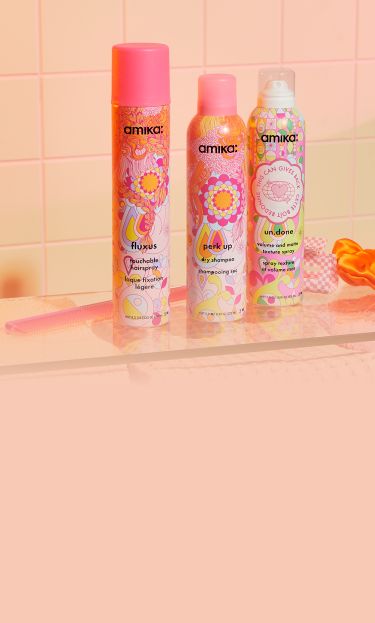 fluxus touchable hairspray, perk up dry shampoo, and un.done volume and matte texture spray