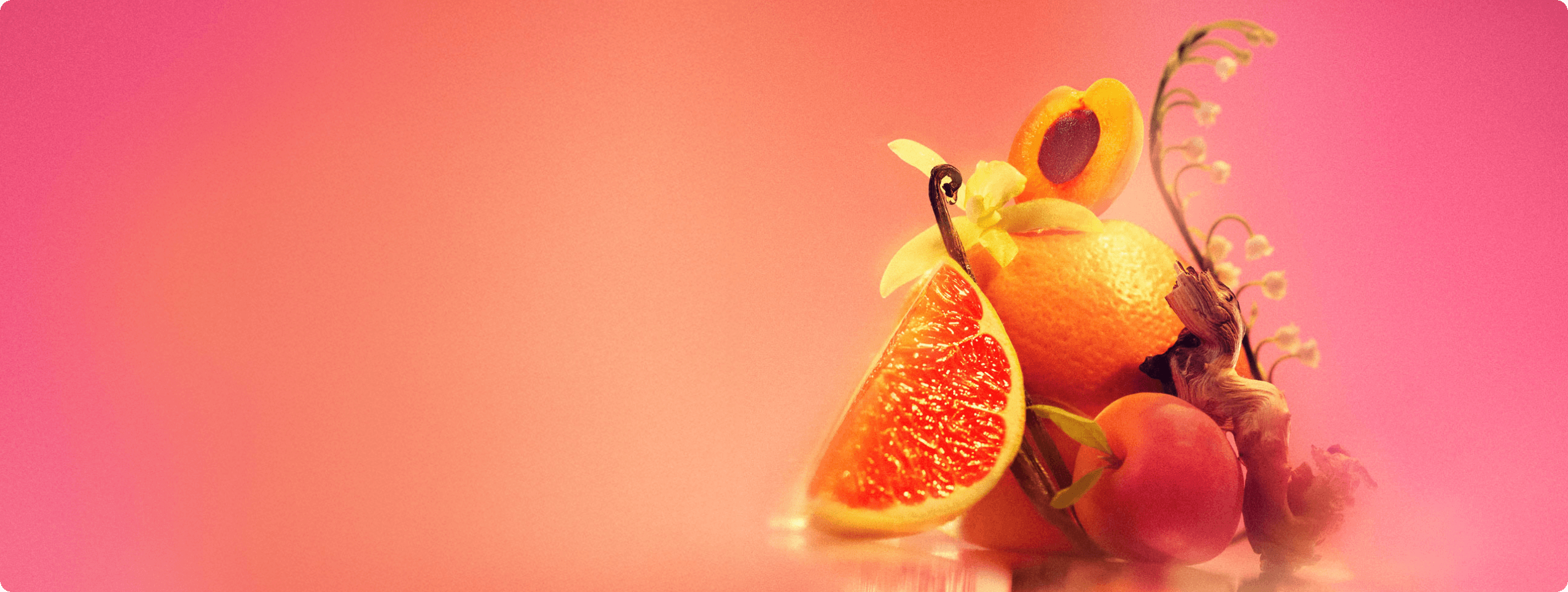 ingredient images of pink grapefruit, apricot, vanilla, lily of the valley and sandalwood on an pink background.