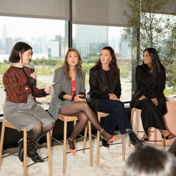 Image from amika's annual NYC climate week panel, Receipts of Real Impact. The speakers Nilofer Vahora, Chief Marketing Officer of amika, Ariana Day Yuen, CEO of Forested, and Carley Klekas, Global Director of Product Sustainability at Sephora in amika headquarters in Brooklyn, NY.