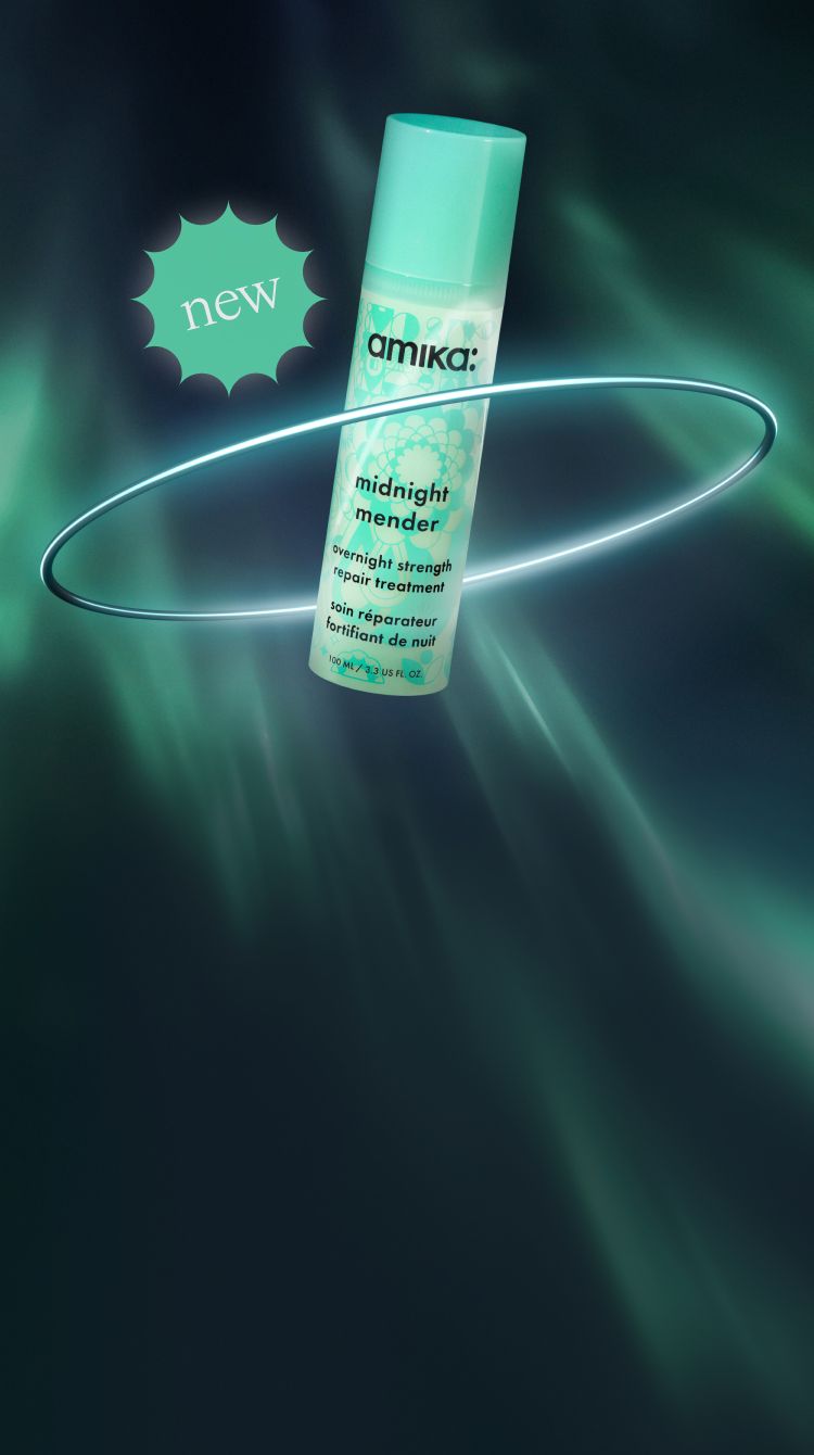 Image of midnight mender overnight strength treatment (3.3oz) against an aurora green background. The product is surrounded by a silver Saturn ring with a new icon to the left of the product.