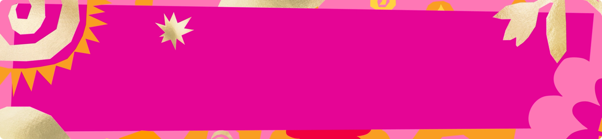 a bright pink box with a patterned border and abstract flower and sun shapes in pink, yellow, and gold
