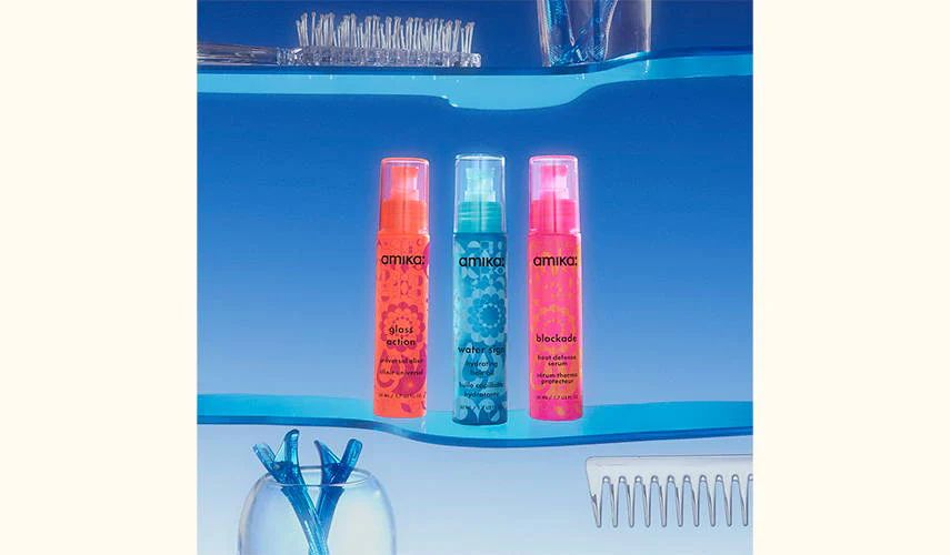 glass action universal elixir, water sign hydrating hair oil, and blockade heat defense serum