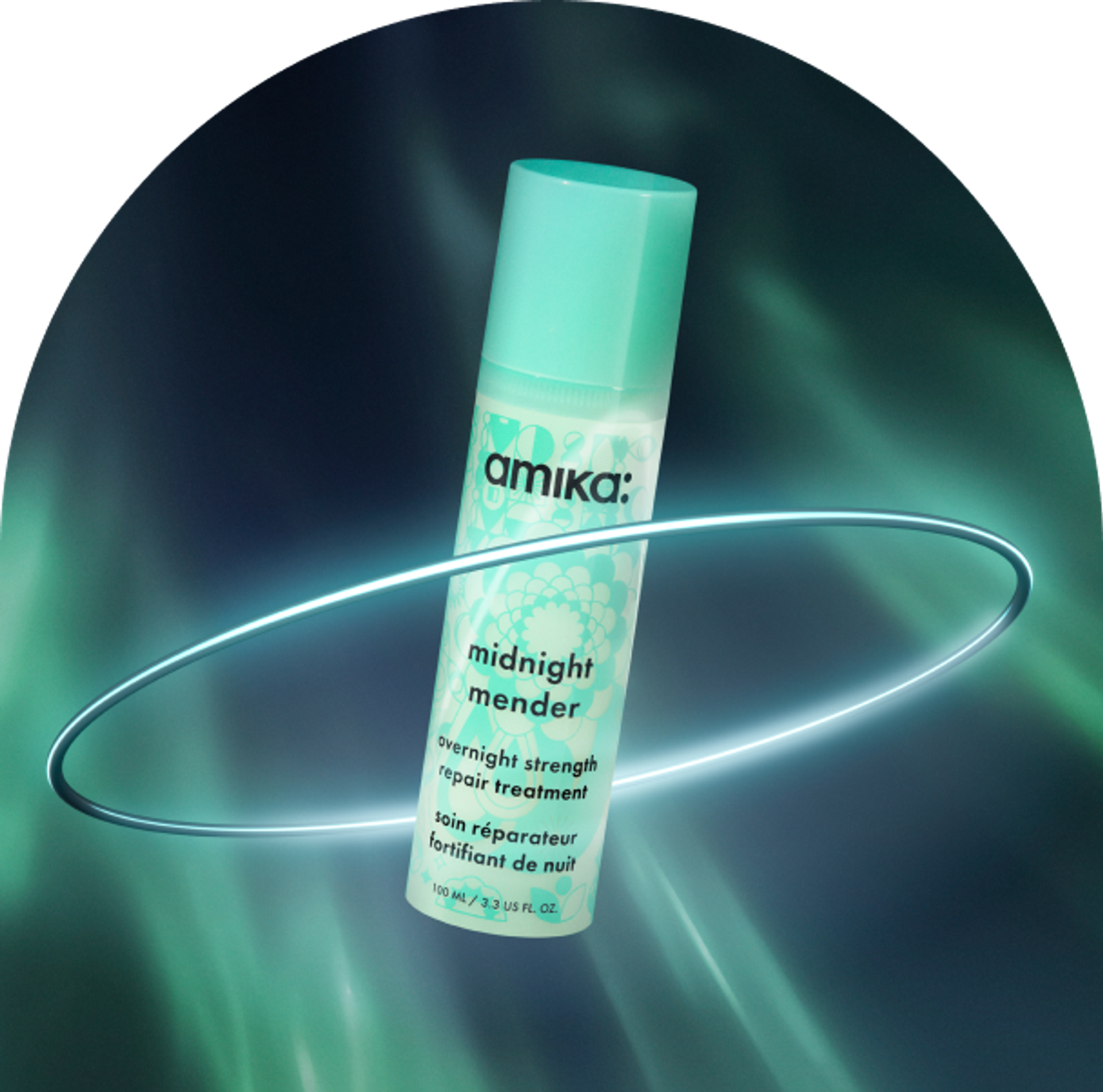 image of a bottle of amika midnight mender against a dark green cosmic background