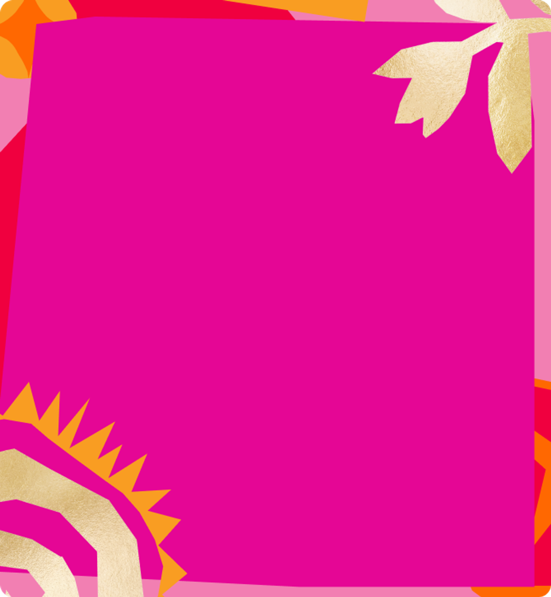 a bright pink box with a patterned border and abstract flower and sun shapes in pink, yellow, and gold