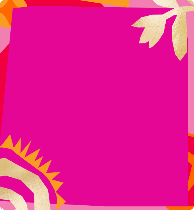 a bright pink box with a patterned border and abstract flower and sun shapes in pink, yellow, and gold