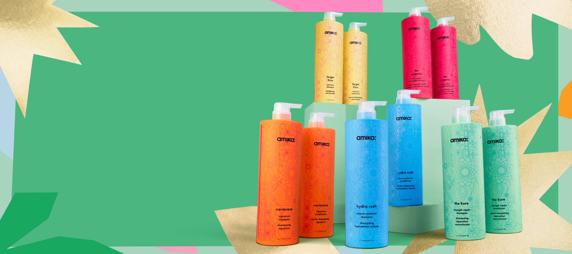 amika liter-sized bottles of shampoo and conditioner arranged against a light green and darker green patterned background