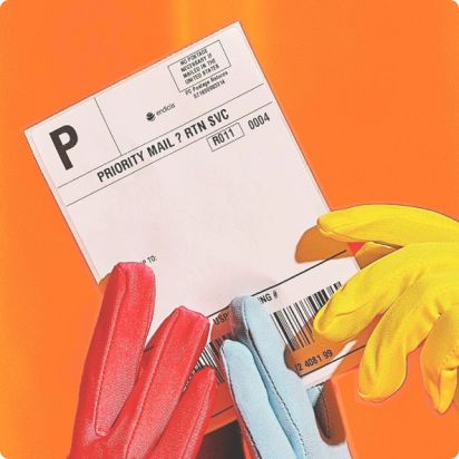 mail label held by hands with gloves on in front of orange background