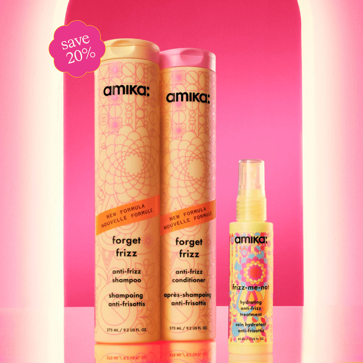 Image of the frizz fighters set. set includes: forget frizz anti-frizz shampoo (275 ml / 9.2 oz), forget frizz anti-frizz conditioner (275 ml / 9.2 oz), and frizz-me-not hydrating anti-frizz treatment (60 ml / 2 fl).