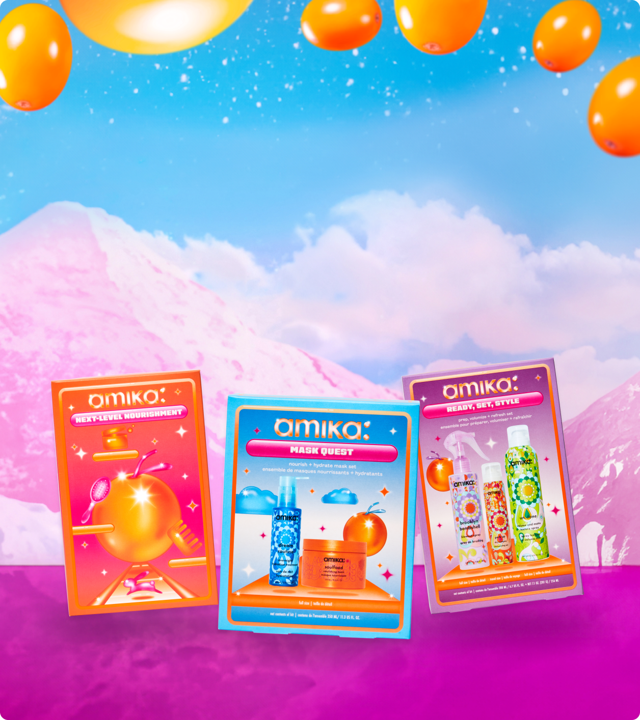 amika limited-edition holiday gift sets: next-level nourishment, mask quest, and ready, set, style gift boxes float against a dreamy background. sea buckthorn berries float at the top of the image.