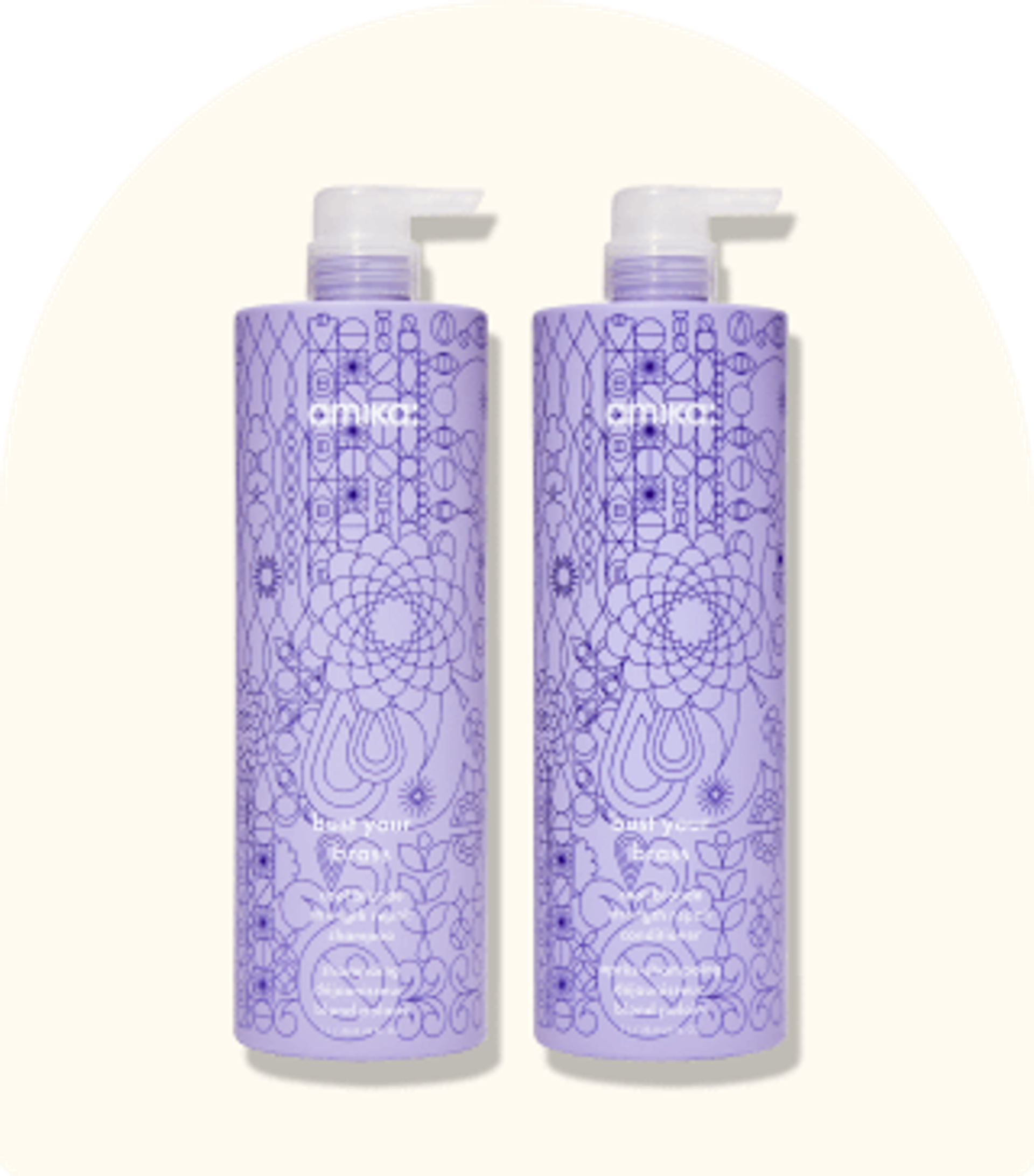 image of supersized blonde shampoo and conditioner against a beige background.