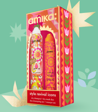 amika style revival icons holiday gift set posed against a light green background and with some gold shapes behind the box
