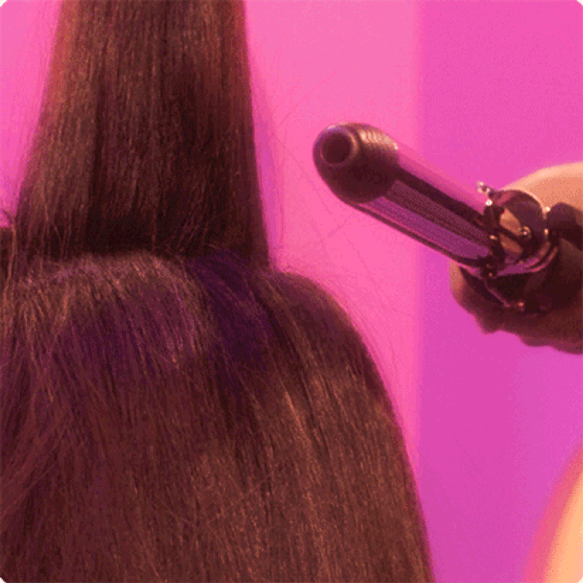 animated gif curling iron in model's hair in front of a purple background