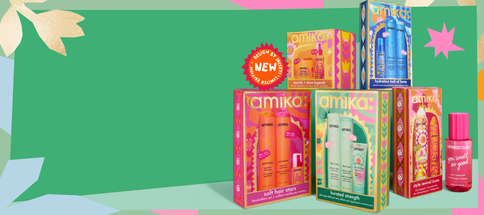 amika limited-edition holiday sets and gifts against a green background. a sticker reads: "NEW: limited edition, design by Incerti"