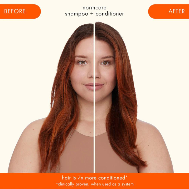 model shown on left with hair unretouched before using normcore shampoo and conditioner and model shown on right with hair styled after using normcore shampoo and conditioner