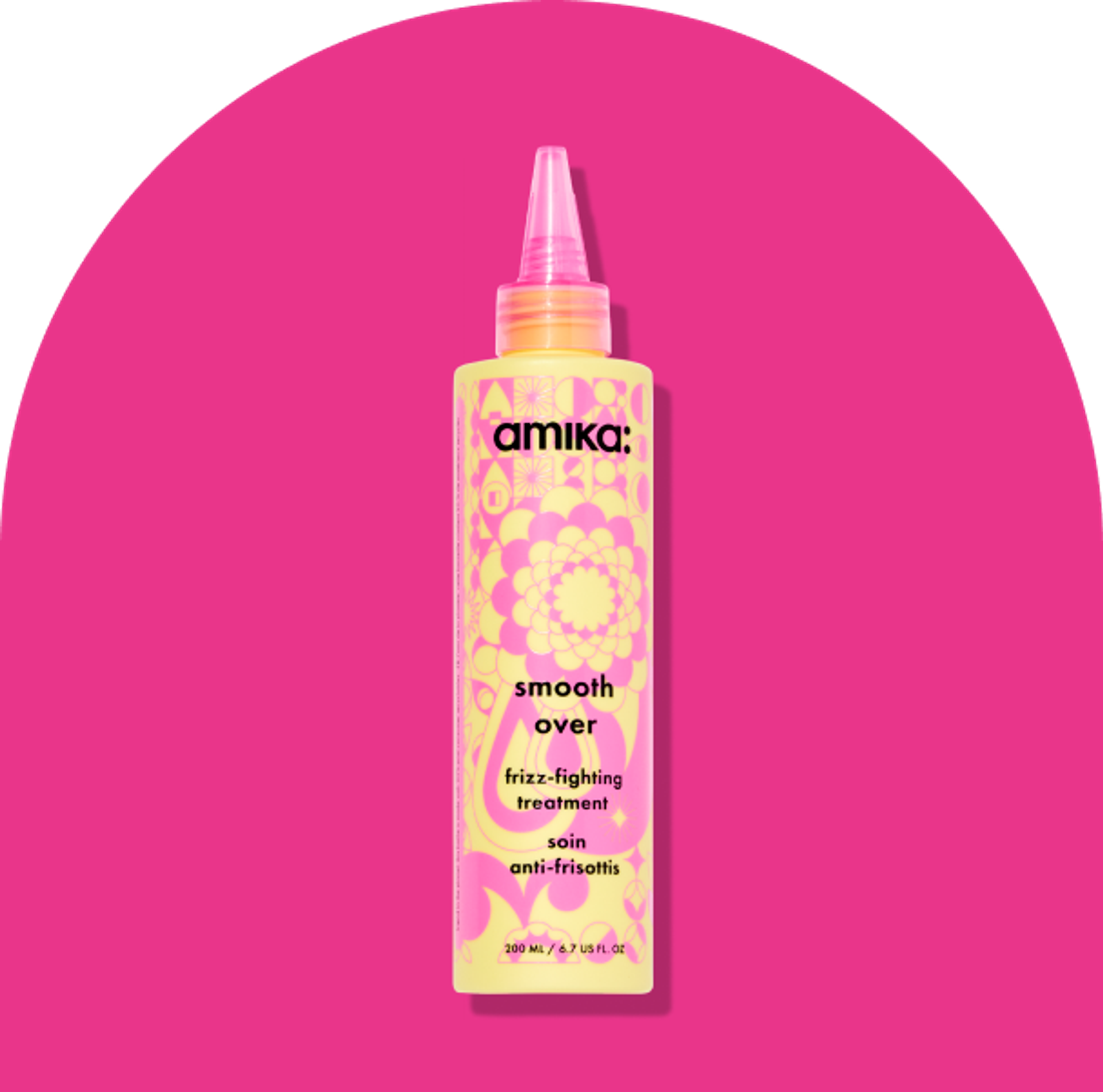 Image of the smooth over frizz-fighting treatment against a hot pink background.