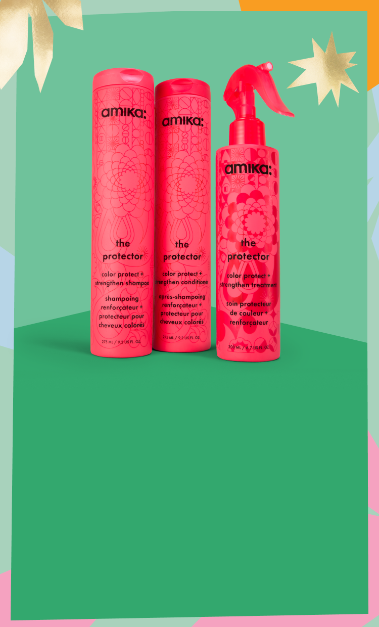 amika the protector products: shampoo, conditioner, and treatment against a green background with a pastel border