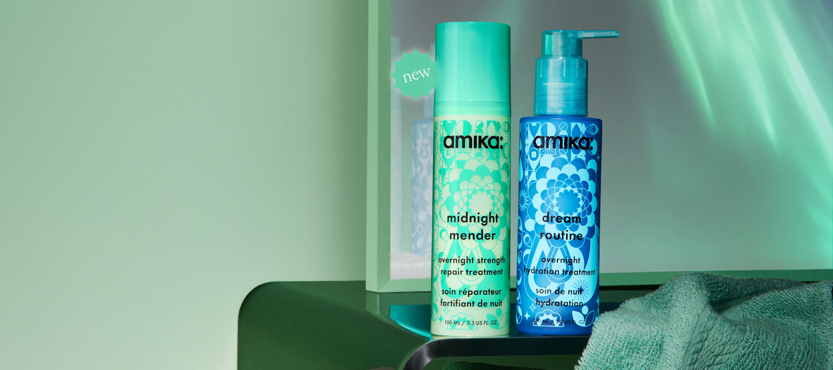 bottles of amika midnight mender and dream routine overnight hair treatments