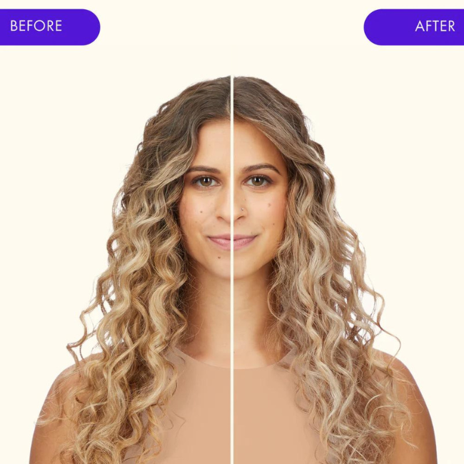 model shown on left with hair unretouched before using bust your brass shampoo and conditioner and model shown on right with hair styled after using bust your brass shampoo and conditioner