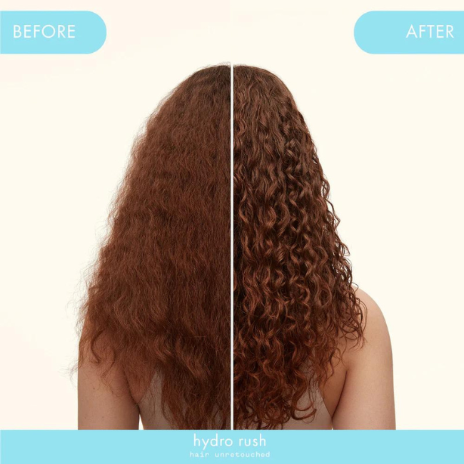 model shown on left with hair unretouched before using hydro rush shampoo and conditioner and model shown on right with hair styled after using hydro rush shampoo and conditioner