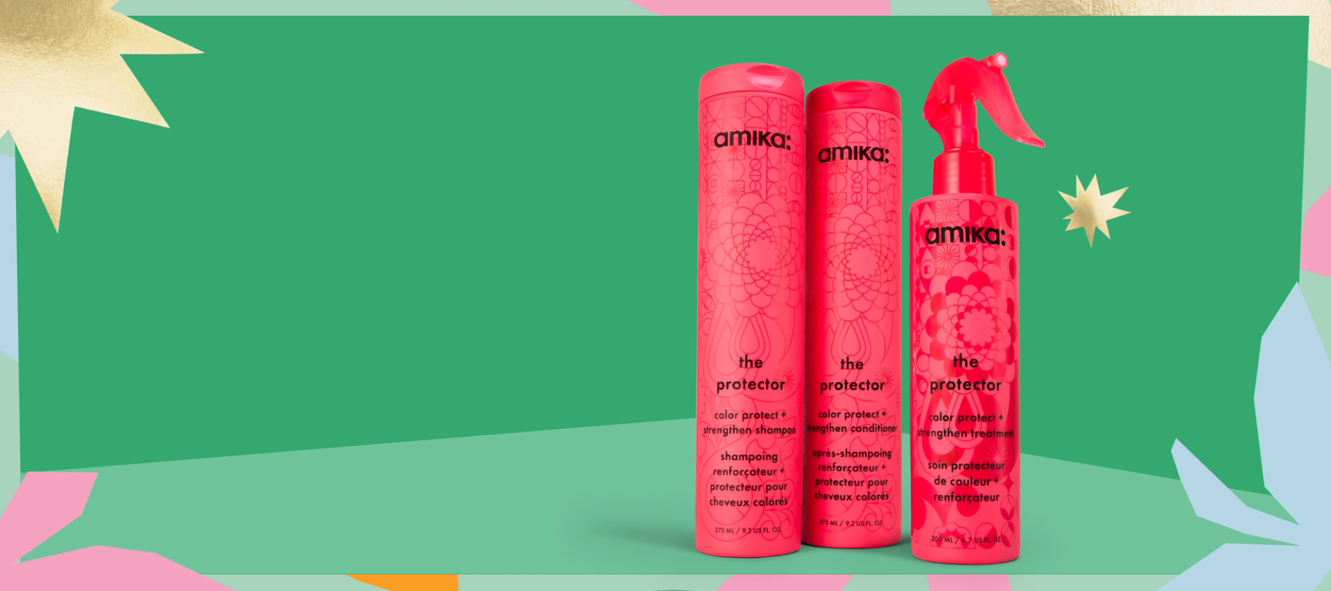 amika the protector products: shampoo, conditioner, and treatment against a green background with a pastel border