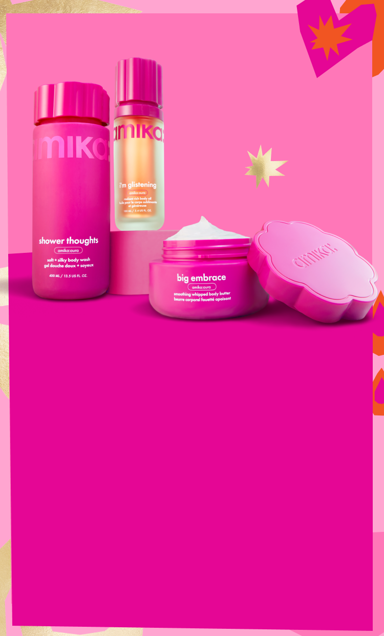 amika body products sit against a dark and light pink background with a pastel patterned border. a gold starburst is in the pink background and a dark pink heart is in the top right corner