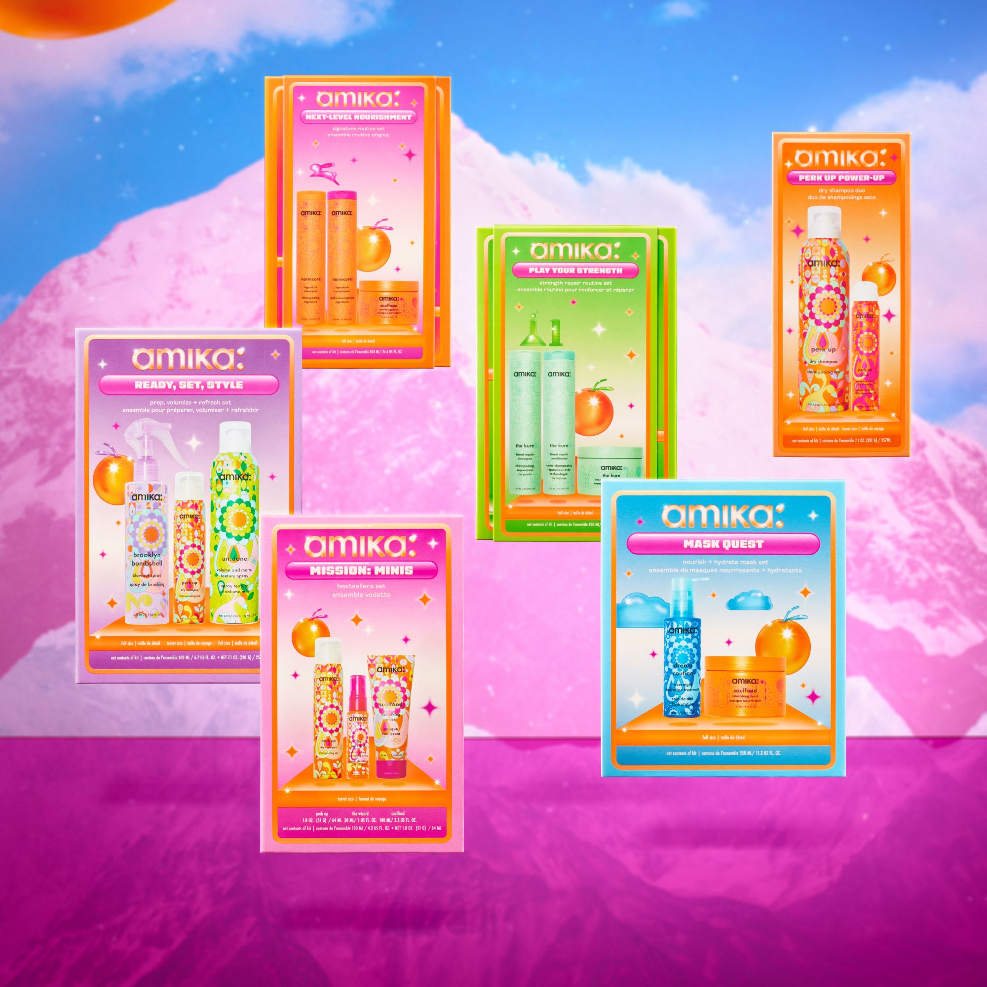 a collection of 6 amika 2024 holiday gift sets on a pink and blue sky background