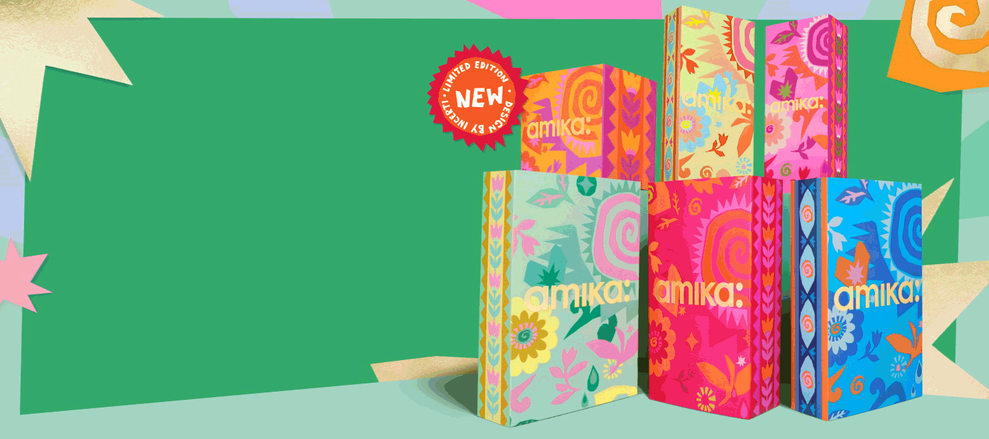 amika limited-edition holiday sets and gifts against a green background. a sticker reads: "NEW: limited edition, design by Incerti"