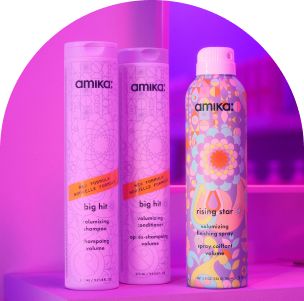 image of bottles of amika new big hit volumizing shampoo and conditioner, and rising star volumizing finishing spray.