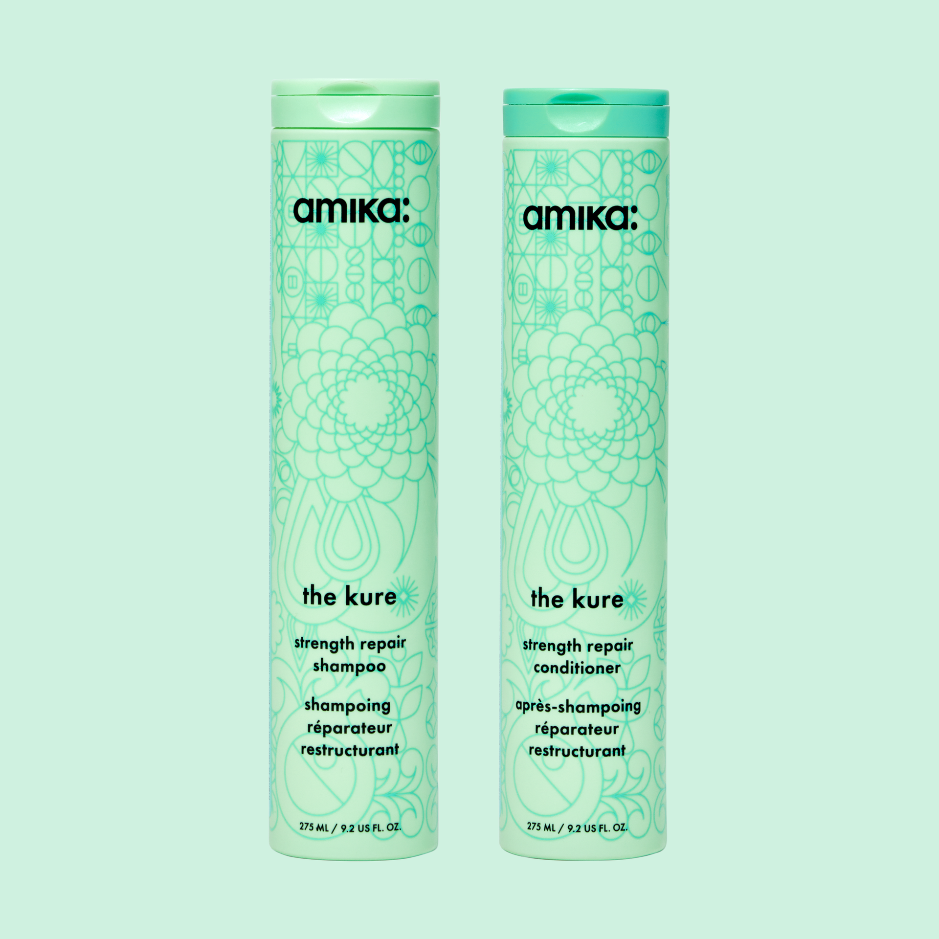 amika the kure shampoo and conditioner on a light green background