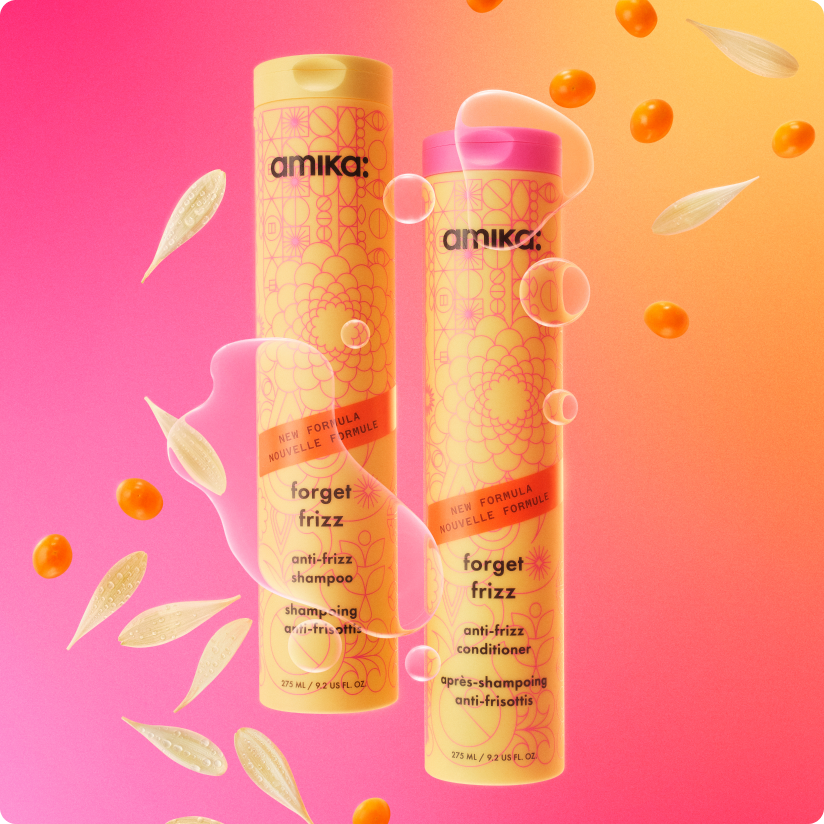 image of forget frizz wash duo surrounded by its key ingredients. key ingredients include sea buckthorn, water lily extract, and extended humidity shield. background is a pink and orange gradient.