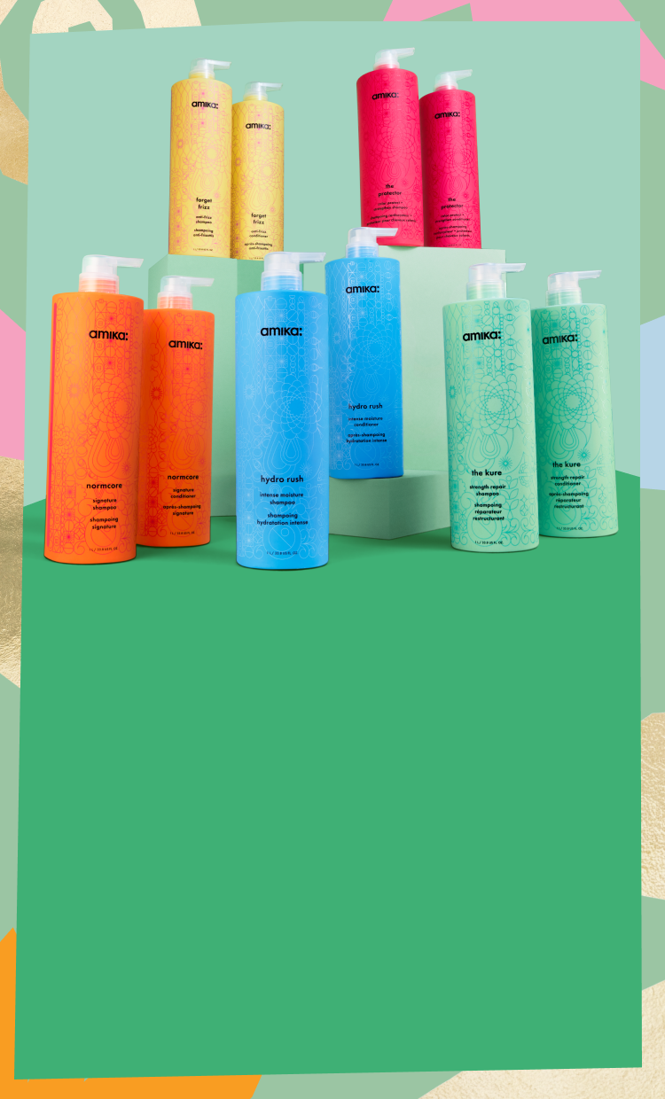 amika liter-sized bottles of shampoo and conditioner arranged against a light green and darker green patterned background