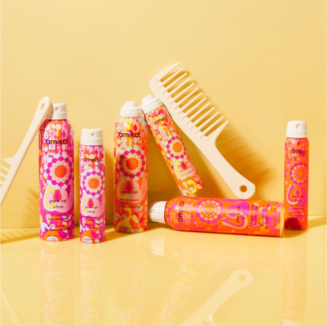 Image of 3 sets of perk up (5.3 oz and 1.8 oz), perk up plus (5.3 oz and 1.8 oz), perk up ultra (5.3 oz and 1.8 oz) with 2 beige combs.