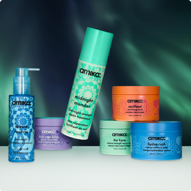 amika masks and treatments: dream routine, bust your brass mask, midnight mender, the kure mask, soulfood mask, hydro rush mask