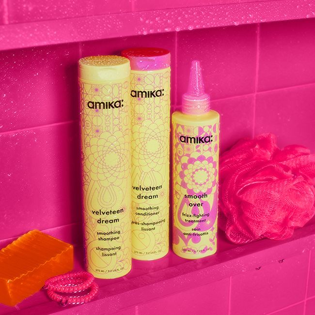 smoothing collection on a pink shelf with a pink tile background