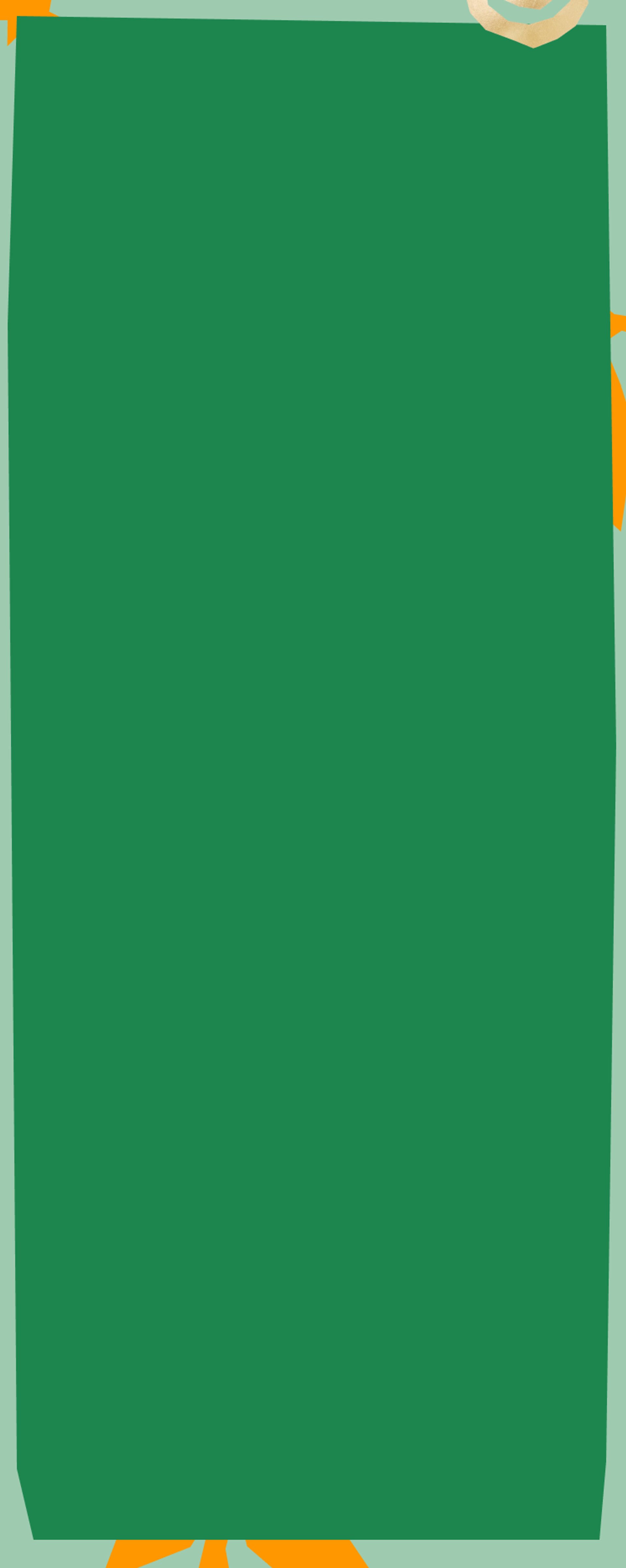a dark green shape with a lighter green border and a gold spiral on the border