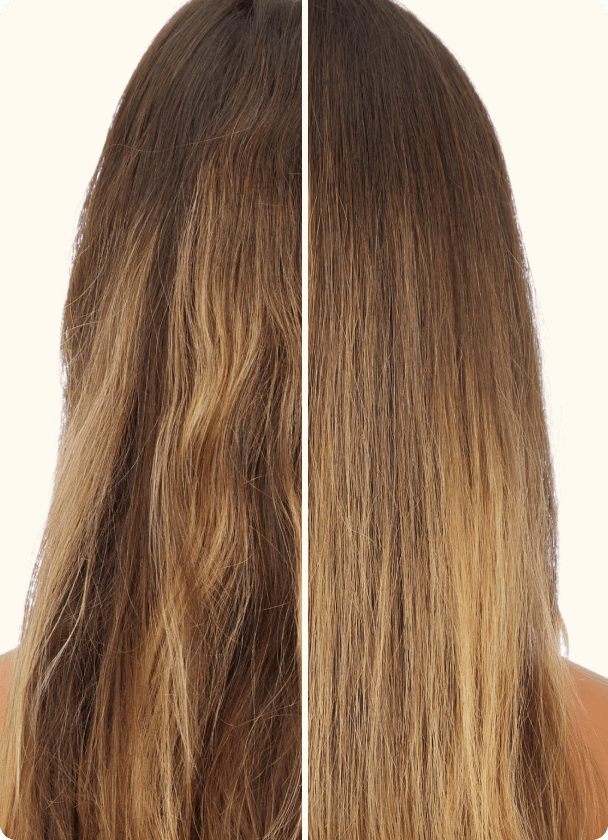 a split image showing a model's hair from behind. left is before using soulfood mask, right side is after