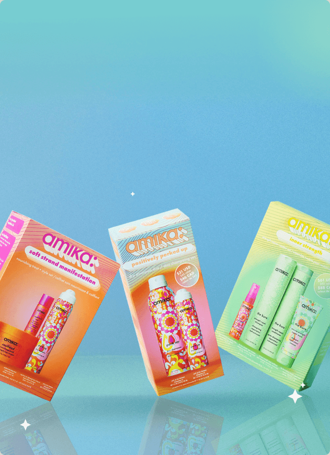 amika gift sets against a light blue background