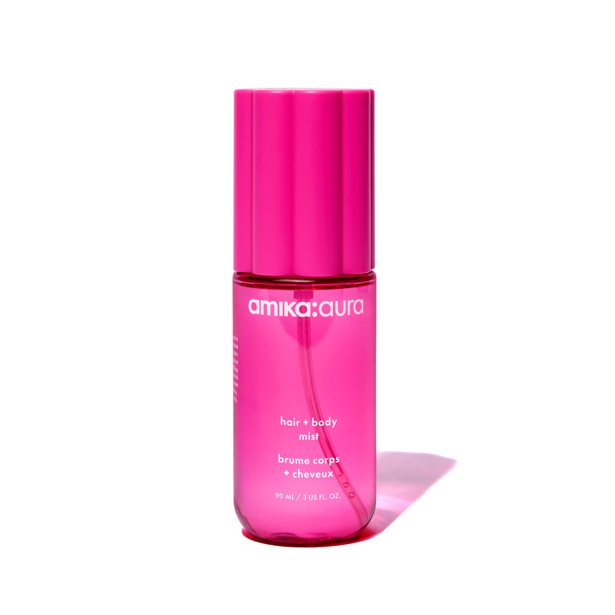 Image of amika:aura hair + body mist bottle, against transparent background