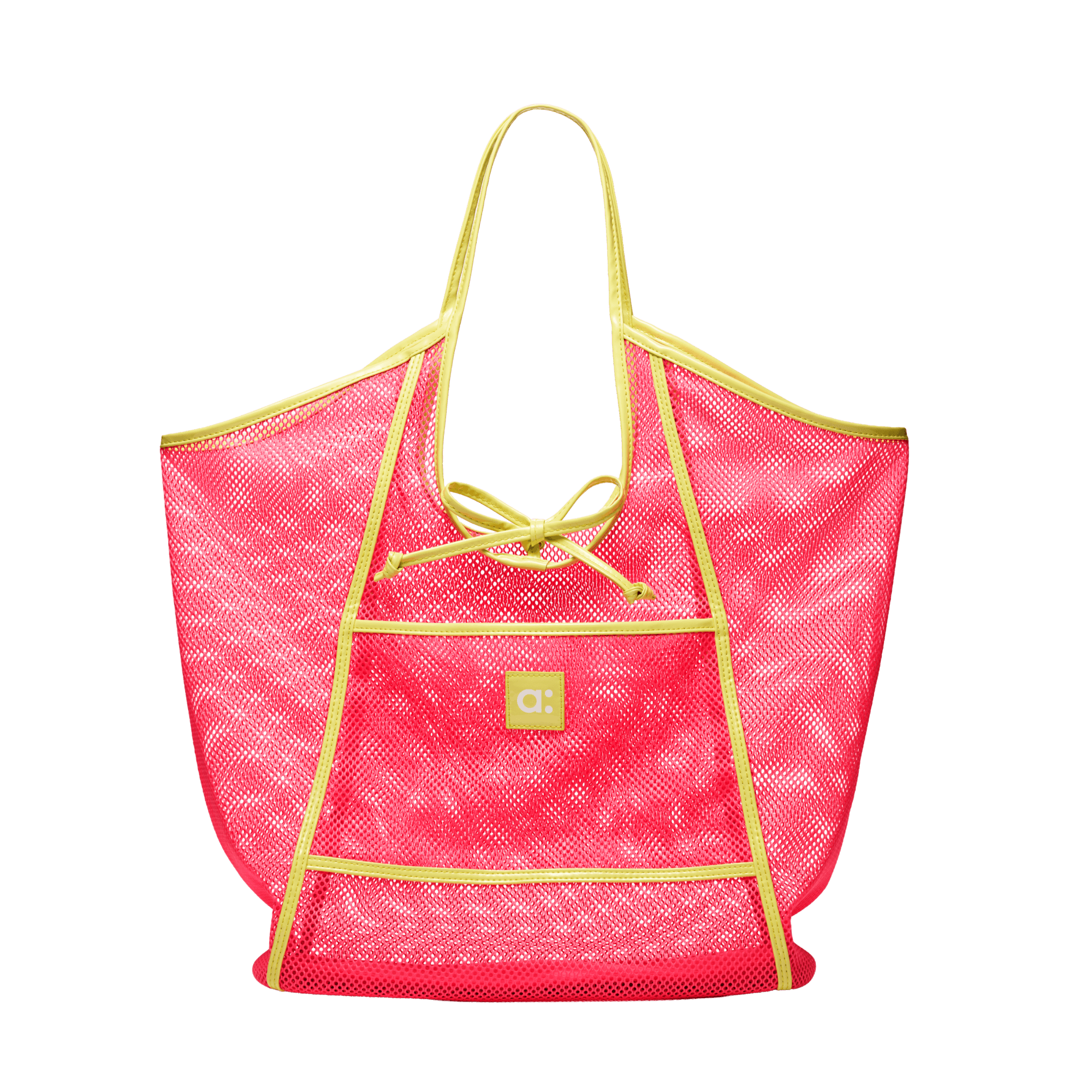 a pink mesh tote bag with yellow trim against a cream background