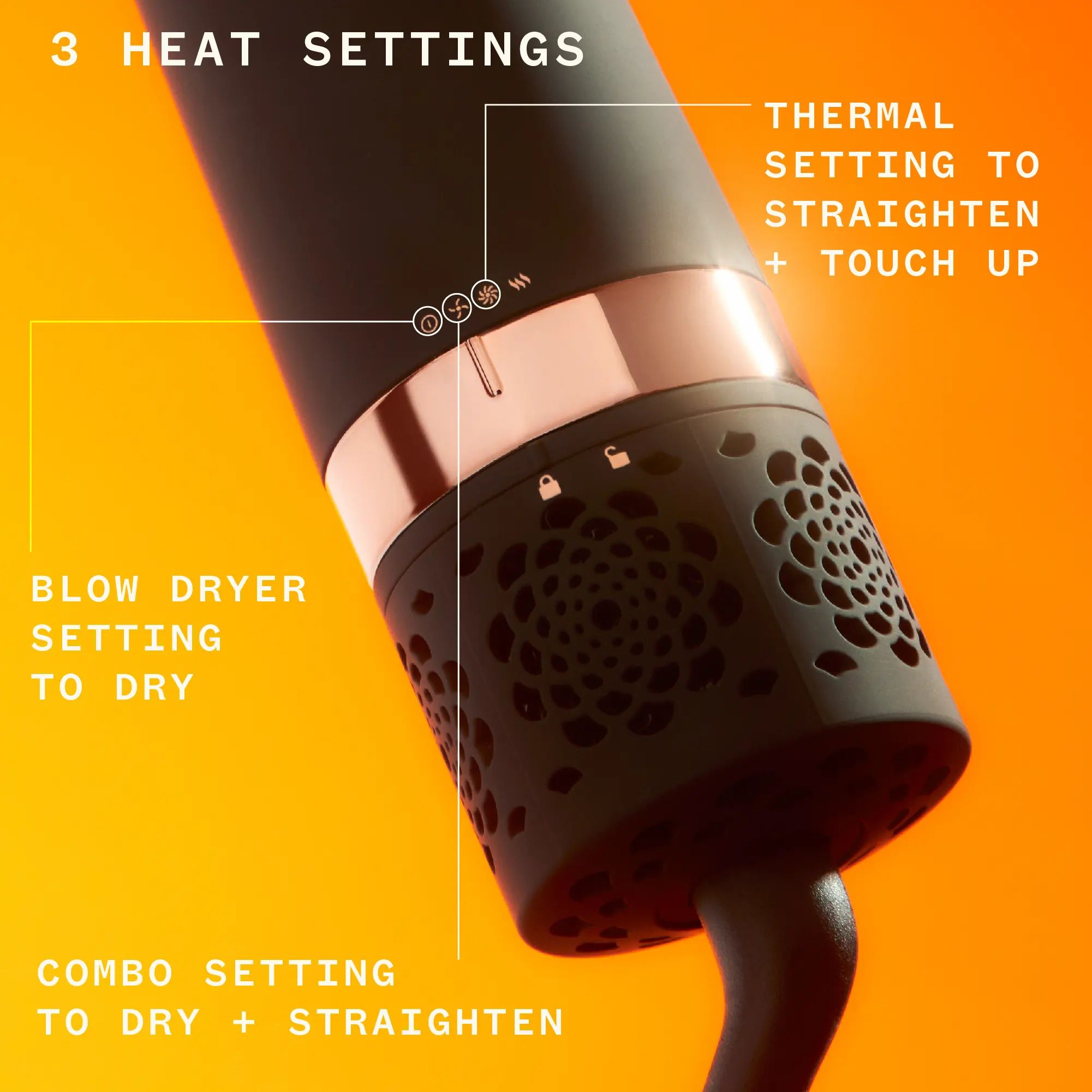 3 heat settings of the double agent 2-in-1 blow dryer and straightening brush