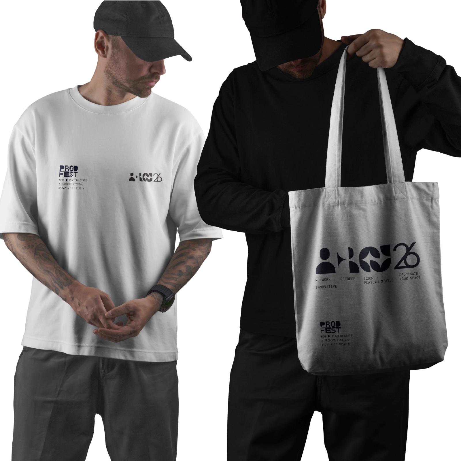 Merchandise — a white ProdFest tee and a canvas tote carrying the icon lockup.